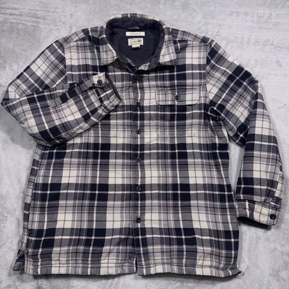 LL Bean Fleece Lined Flannel Shirt Jacket Men's Large Black/White Plaid Shacket